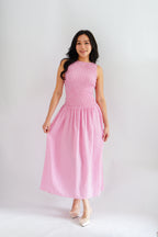 Seaki Gingham High Neck Smocked Maxi Dress in Pink