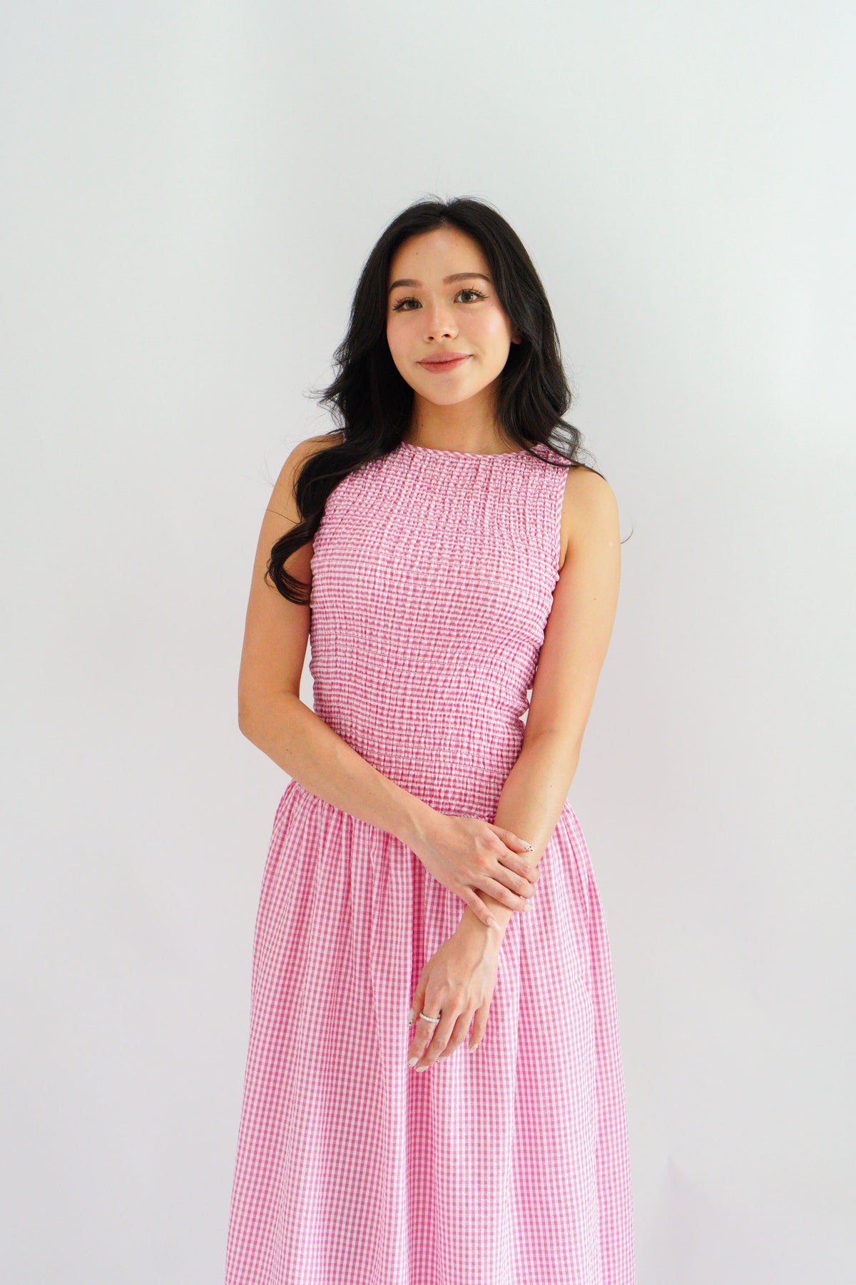 Seaki Gingham High Neck Smocked Maxi Dress in Pink