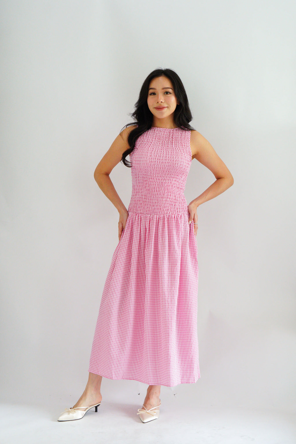 Seaki Gingham High Neck Smocked Maxi Dress in Pink