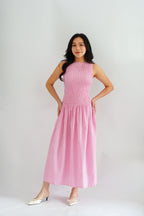 Seaki Gingham High Neck Smocked Maxi Dress in Pink
