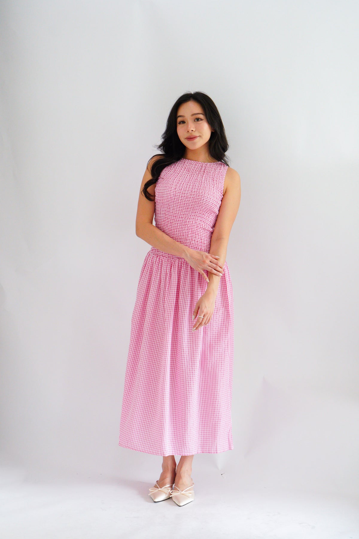 Seaki Gingham High Neck Smocked Maxi Dress in Pink