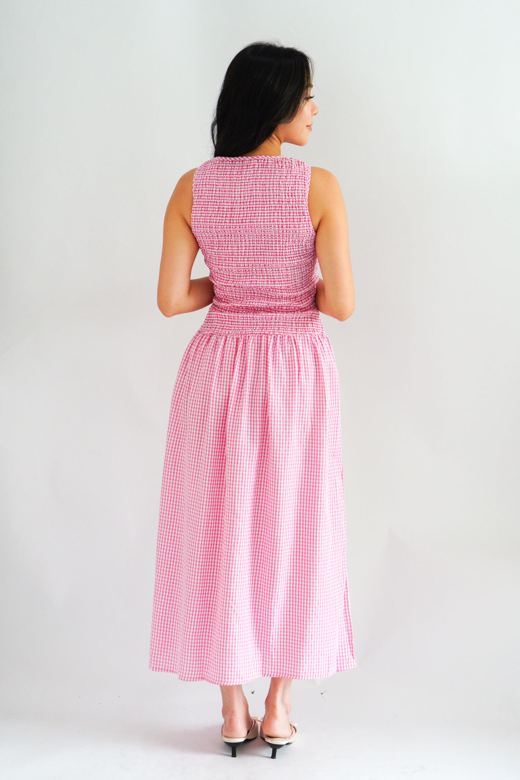 Seaki Gingham High Neck Smocked Maxi Dress in Pink