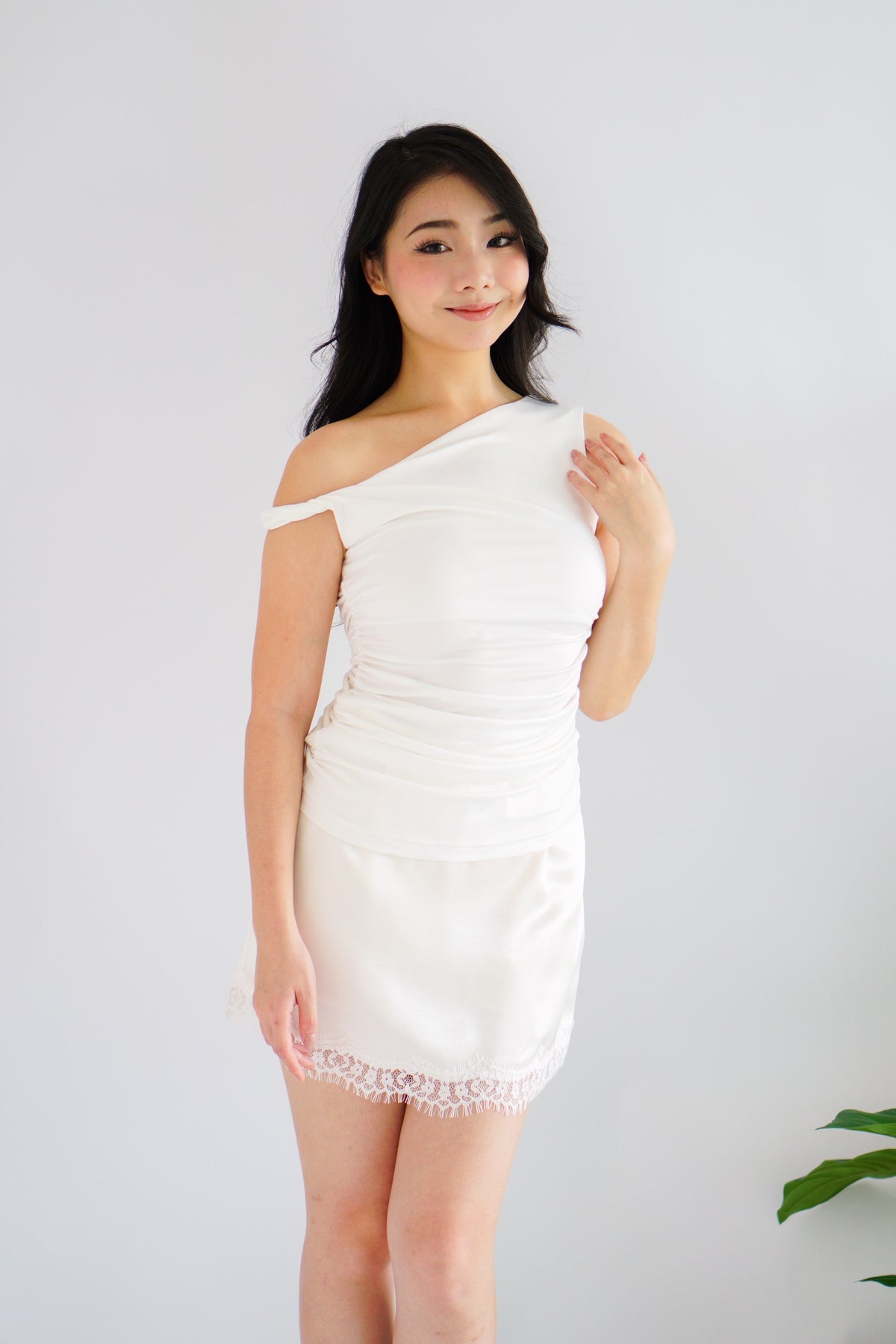 Luver Lace Mini Satin Skirt in Cream