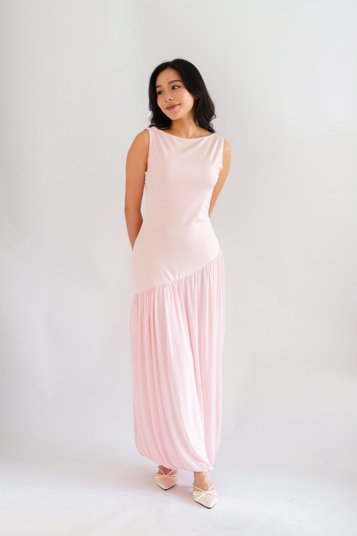 Rismi Drop Waist Asymmetrical Maxi Dress in Pink