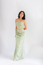 Cloveria Lace Ruched Waist Maxi Dress in Green