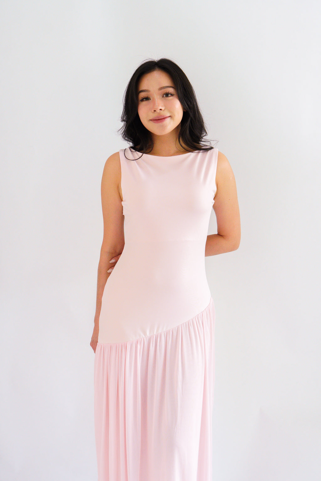 Rismi Drop Waist Asymmetrical Maxi Dress in Pink