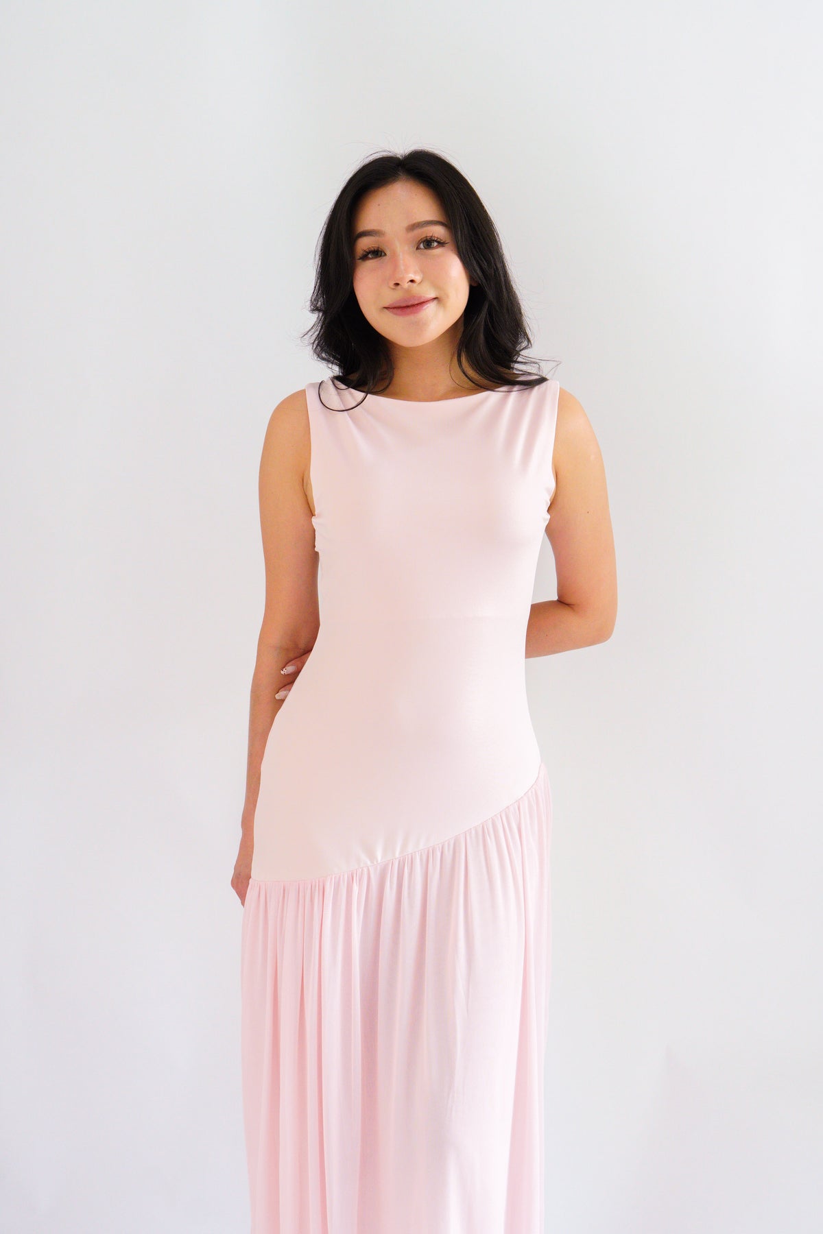 Rismi Drop Waist Asymmetrical Maxi Dress in Pink