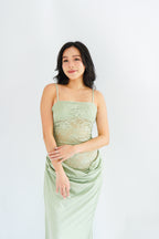 Cloveria Lace Ruched Waist Maxi Dress in Green