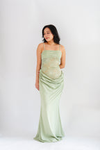 Cloveria Lace Ruched Waist Maxi Dress in Green