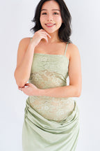 Cloveria Lace Ruched Waist Maxi Dress in Green