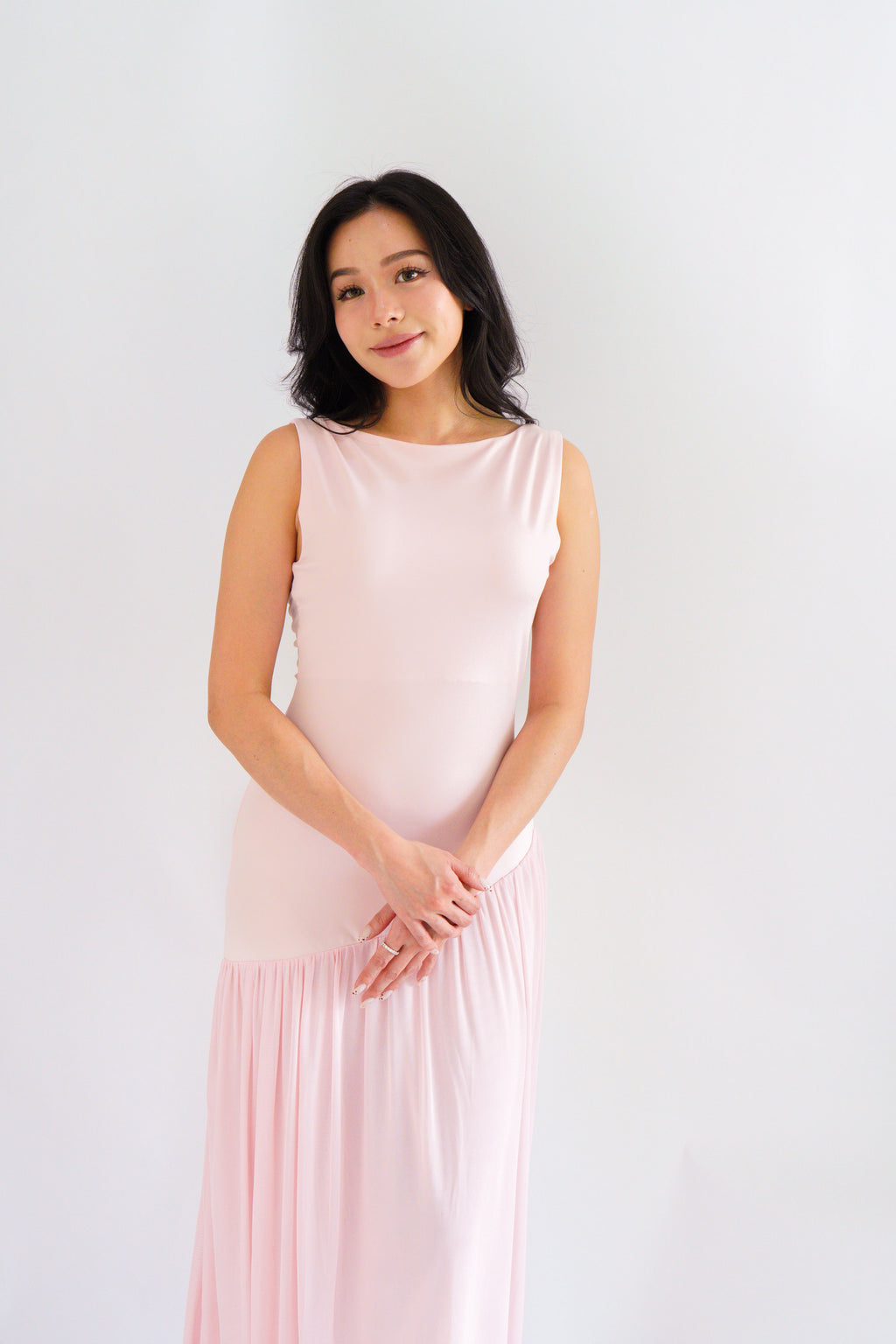 Rismi Drop Waist Asymmetrical Maxi Dress in Pink