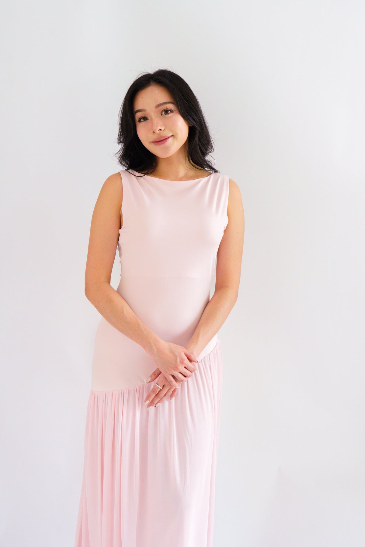 Rismi Drop Waist Asymmetrical Maxi Dress in Pink