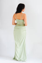 Cloveria Lace Ruched Waist Maxi Dress in Green