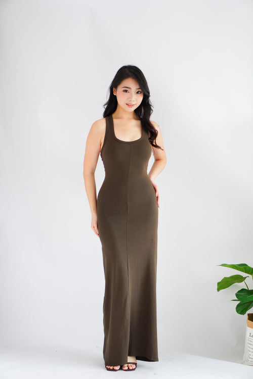 Astrid Halter Neck Bodycon Maxi Dress with Self Tied Scarf in Brown