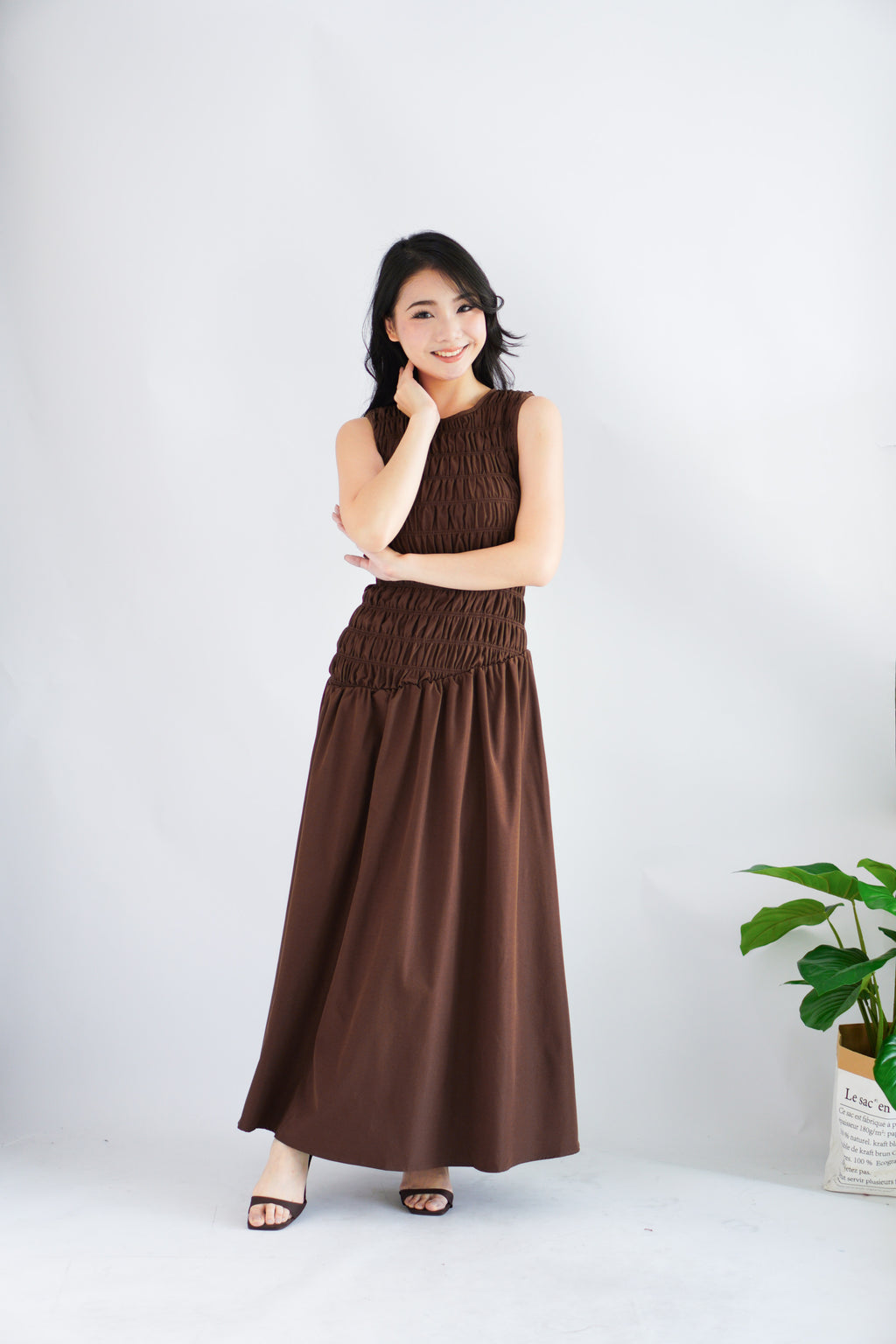 (BACKORDER) Kaliasa High Neck Smocked Maxi Dress in Brown