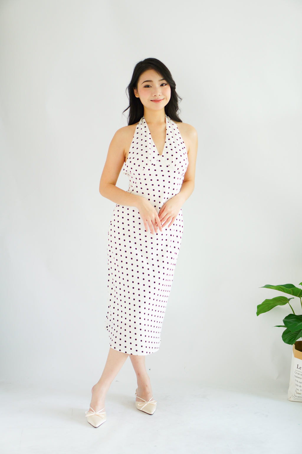 Gaelle Polkadot Self Tied Halter Neck Dress in White