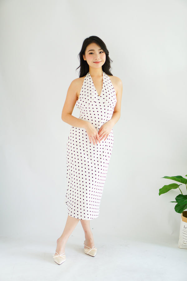 Gaelle Polkadot Self Tied Halter Neck Dress in White