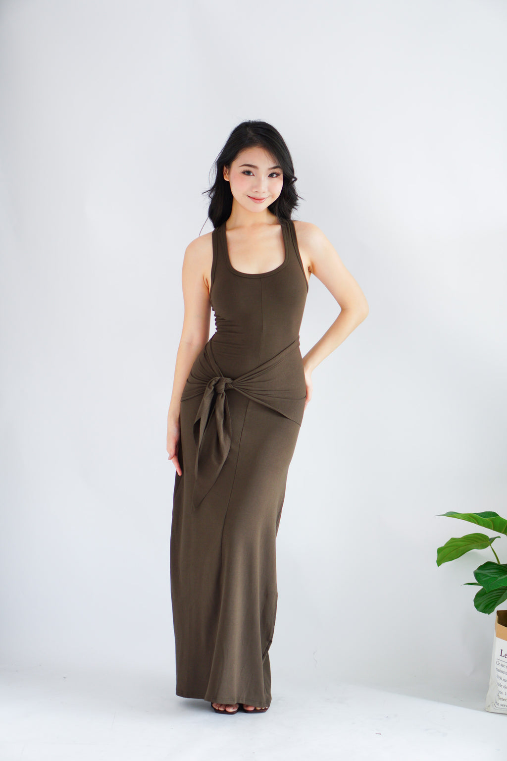 Astrid Halter Neck Bodycon Maxi Dress with Self Tied Scarf in Brown