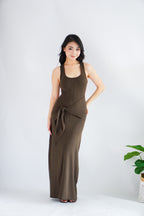 Astrid Halter Neck Bodycon Maxi Dress with Self Tied Scarf in Brown