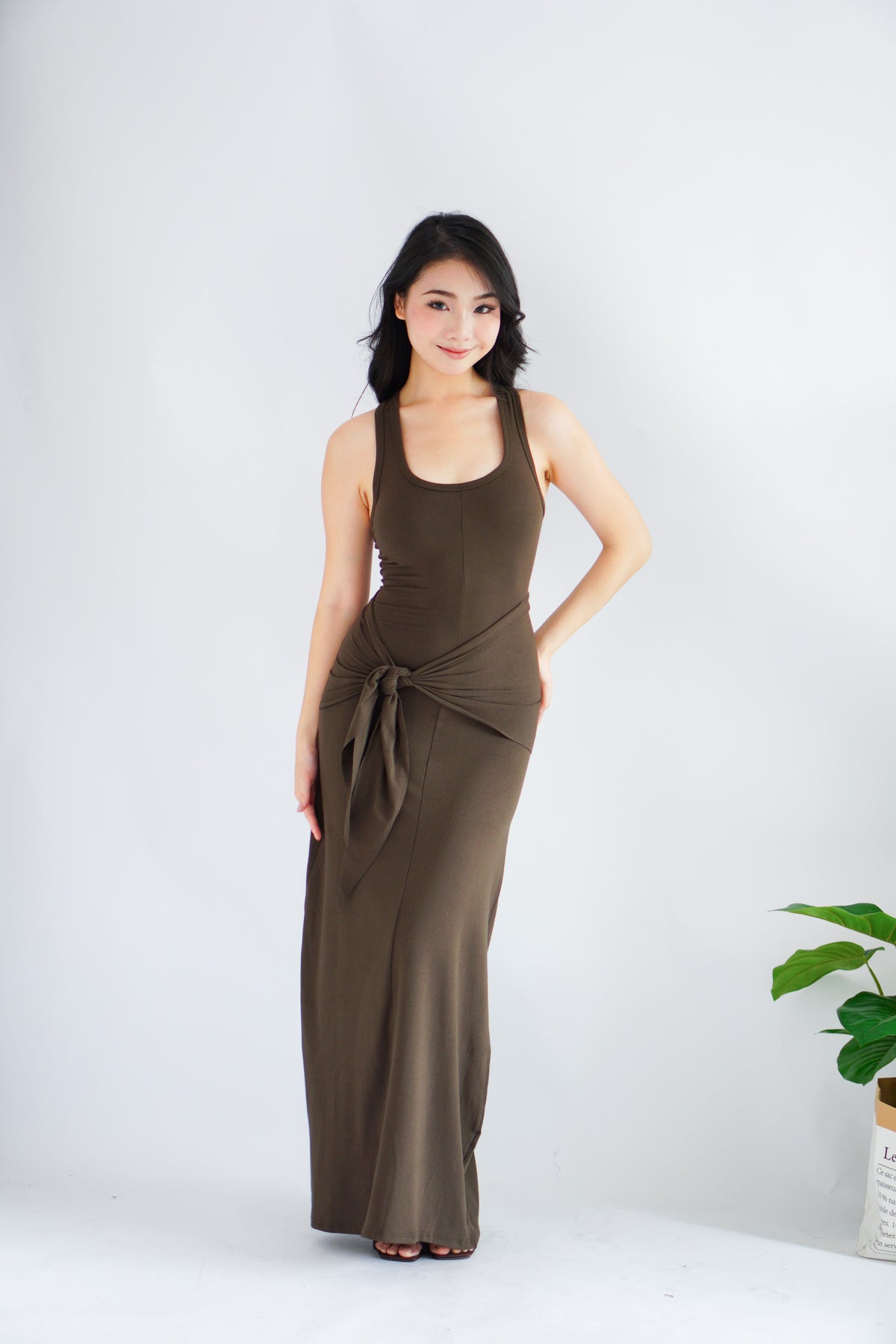 Astrid Halter Neck Bodycon Maxi Dress with Self Tied Scarf in Brown