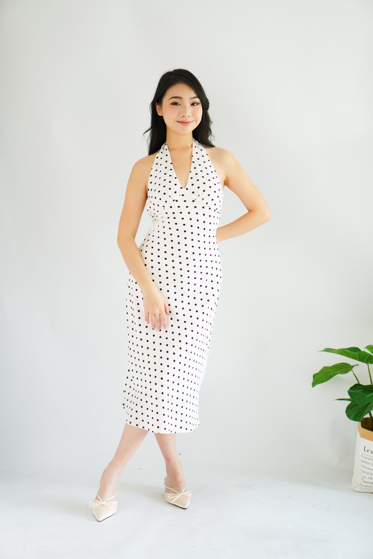 Gaelle Polkadot Self Tied Halter Neck Dress in White