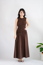 (BACKORDER) Kaliasa High Neck Smocked Maxi Dress in Brown