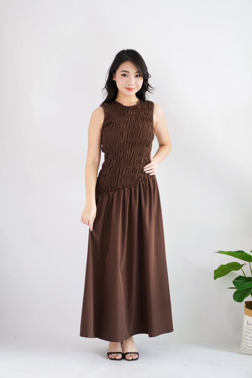 (BACKORDER) Kaliasa High Neck Smocked Maxi Dress in Brown
