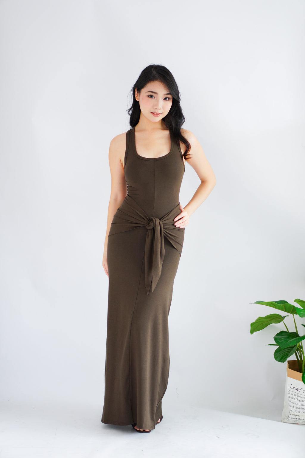 Astrid Halter Neck Bodycon Maxi Dress with Self Tied Scarf in Brown