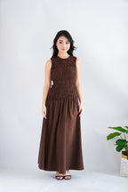 (BACKORDER) Kaliasa High Neck Smocked Maxi Dress in Brown