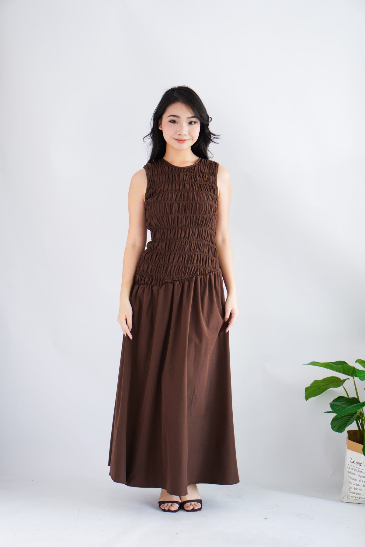 (BACKORDER) Kaliasa High Neck Smocked Maxi Dress in Brown
