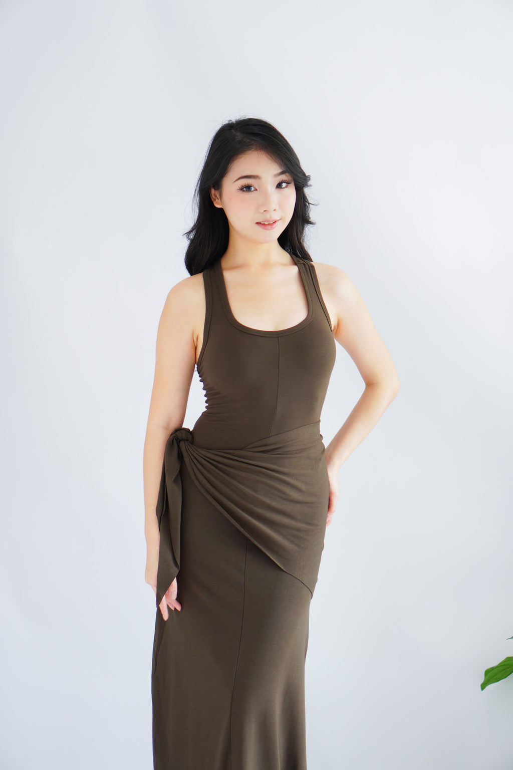Astrid Halter Neck Bodycon Maxi Dress with Self Tied Scarf in Brown