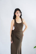 Astrid Halter Neck Bodycon Maxi Dress with Self Tied Scarf in Brown