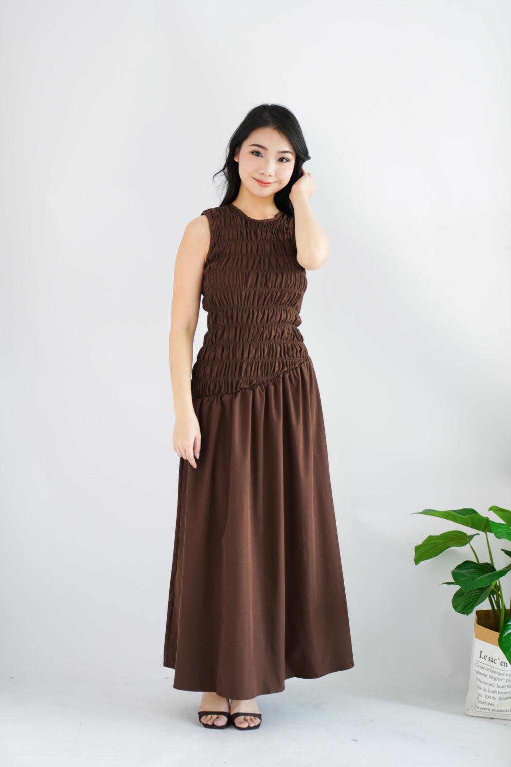 (BACKORDER) Kaliasa High Neck Smocked Maxi Dress in Brown