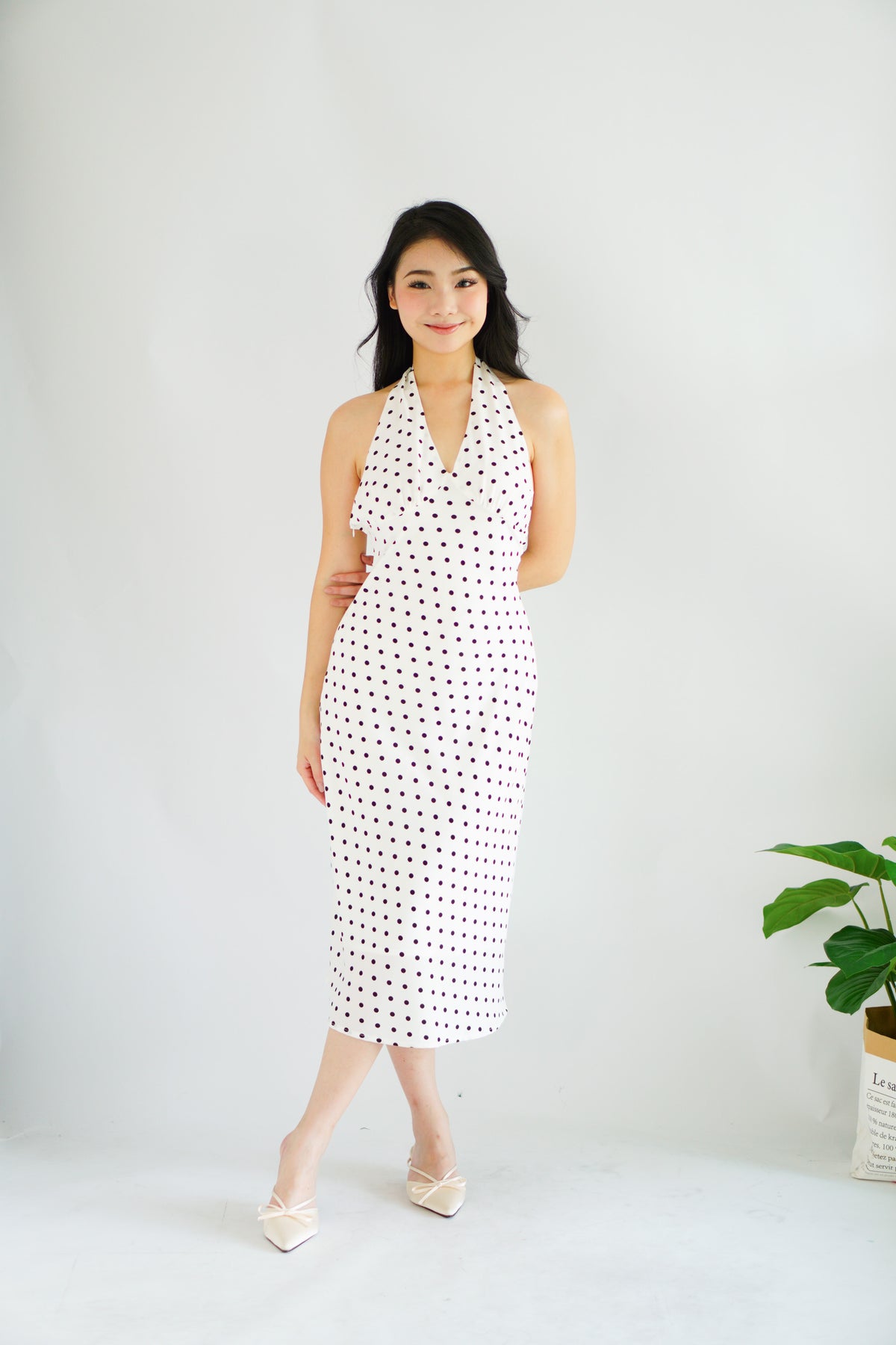 Gaelle Polkadot Self Tied Halter Neck Dress in White