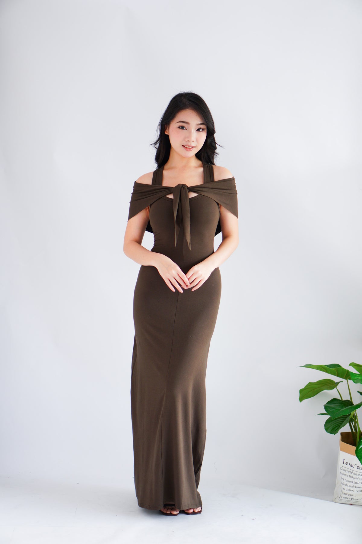 Astrid Halter Neck Bodycon Maxi Dress with Self Tied Scarf in Brown