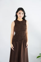 (BACKORDER) Kaliasa High Neck Smocked Maxi Dress in Brown