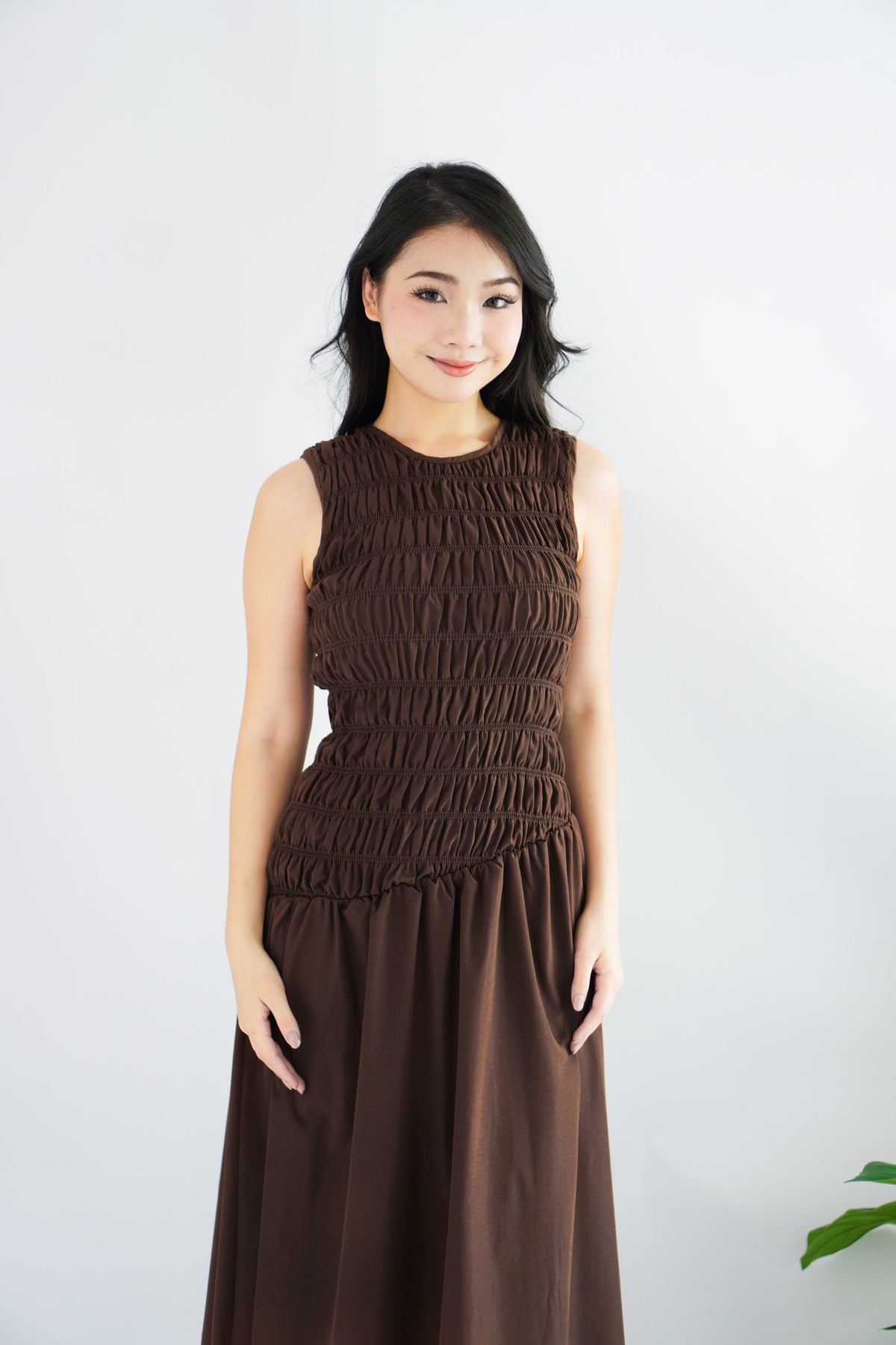 (BACKORDER) Kaliasa High Neck Smocked Maxi Dress in Brown