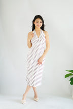 Gaelle Polkadot Self Tied Halter Neck Dress in White