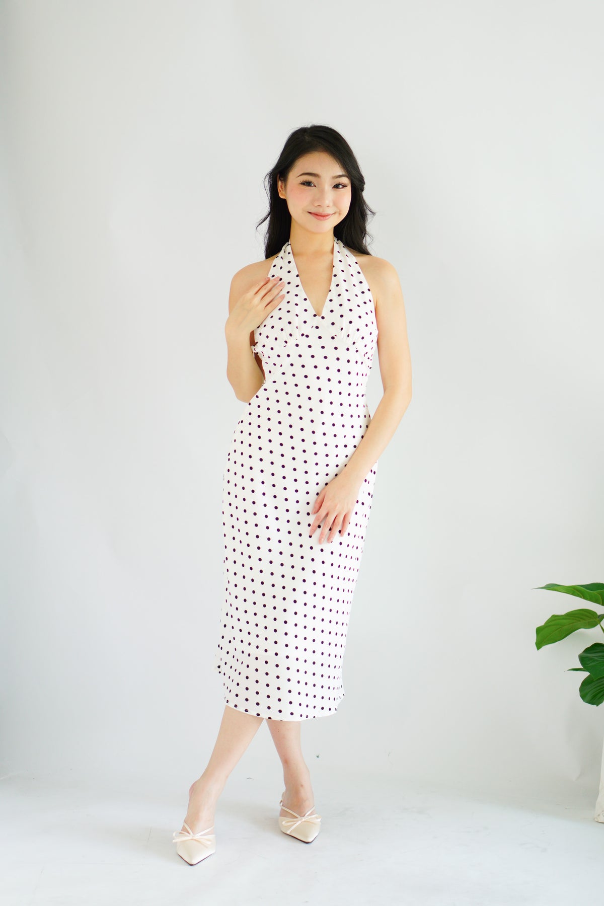 Gaelle Polkadot Self Tied Halter Neck Dress in White