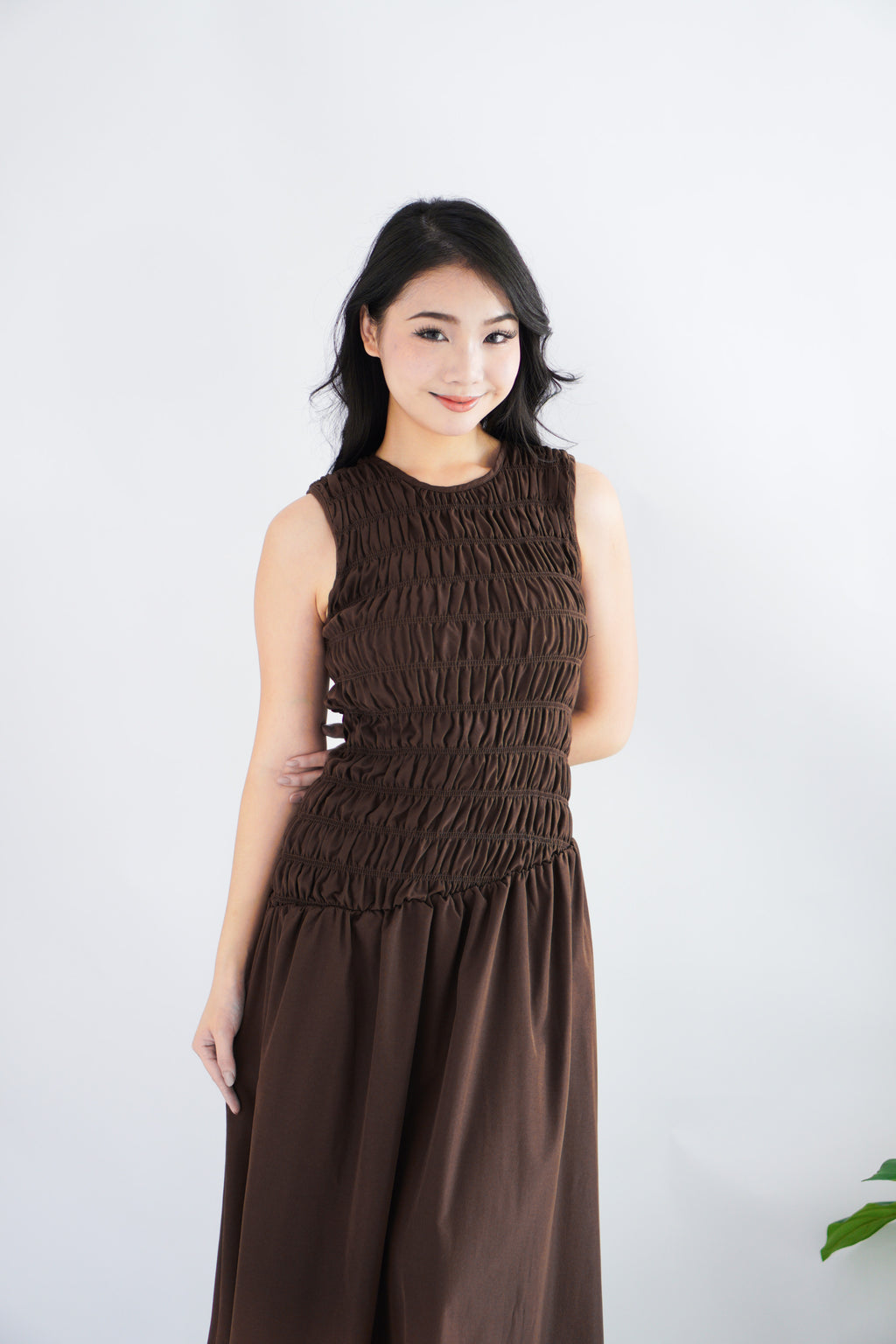 (BACKORDER) Kaliasa High Neck Smocked Maxi Dress in Brown