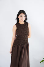 (BACKORDER) Kaliasa High Neck Smocked Maxi Dress in Brown