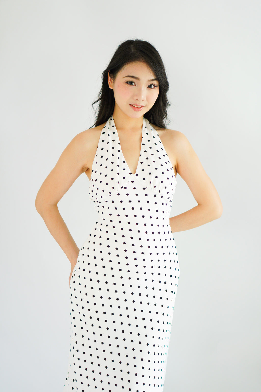 Gaelle Polkadot Self Tied Halter Neck Dress in White