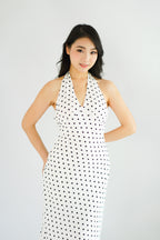 Gaelle Polkadot Self Tied Halter Neck Dress in White