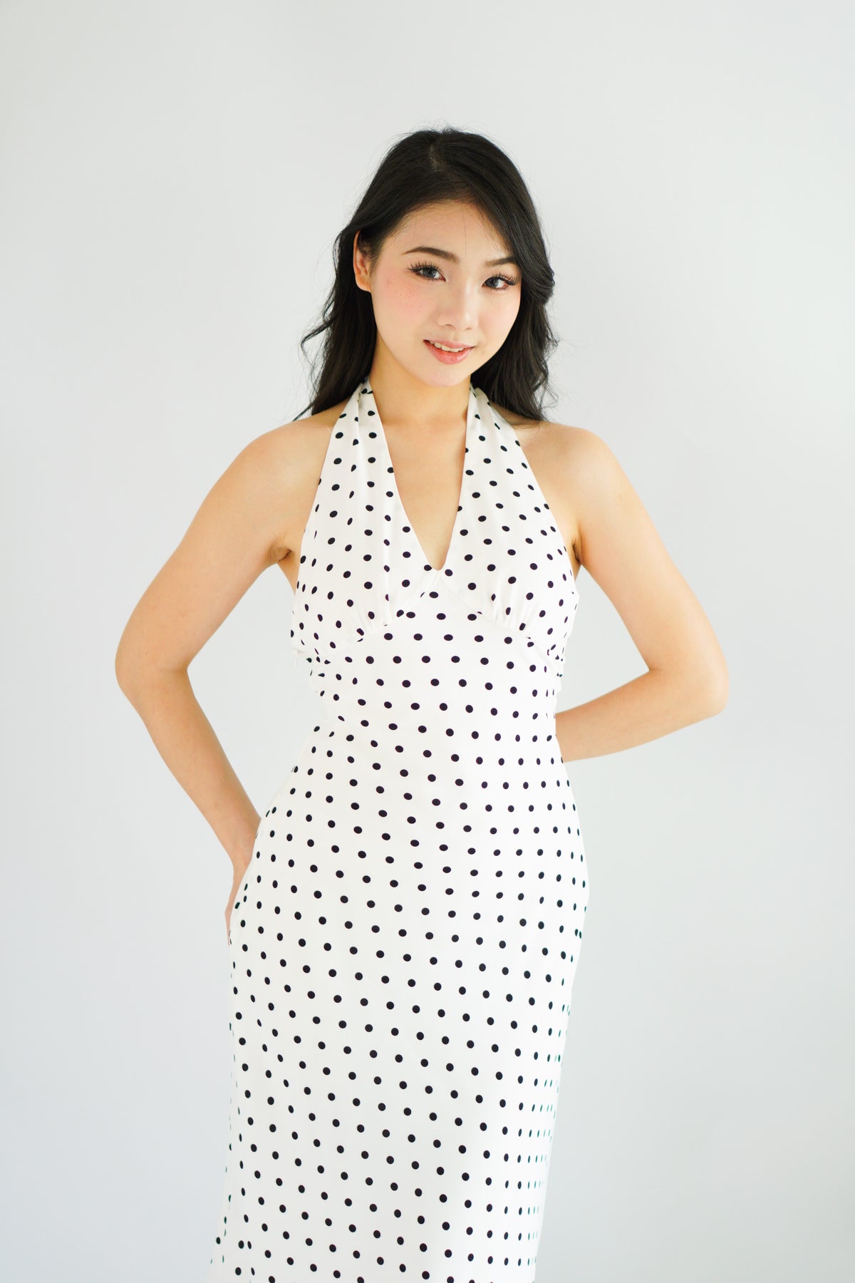Gaelle Polkadot Self Tied Halter Neck Dress in White