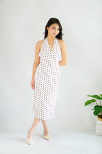 Gaelle Polkadot Self Tied Halter Neck Dress in White
