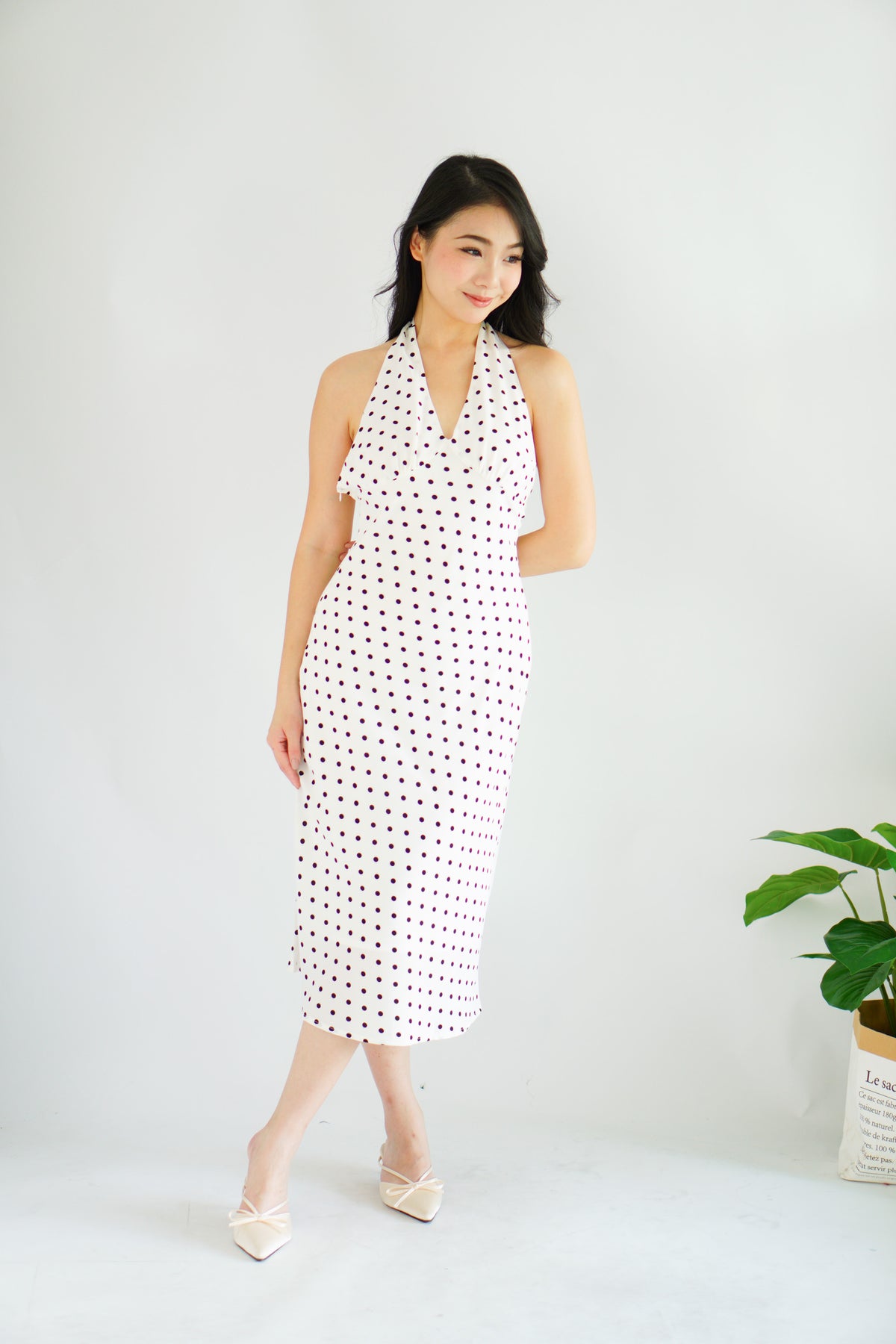 Gaelle Polkadot Self Tied Halter Neck Dress in White