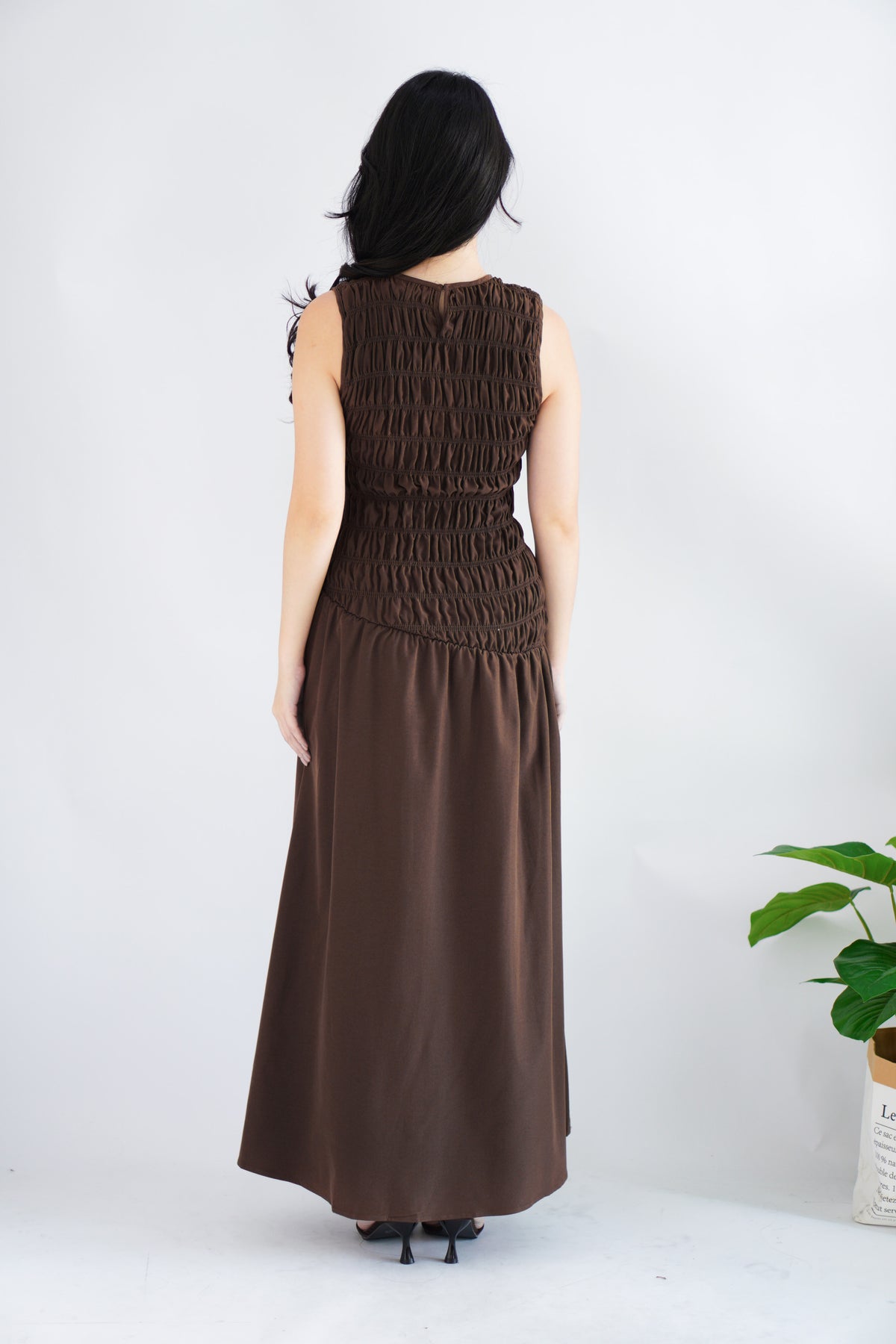 (BACKORDER) Kaliasa High Neck Smocked Maxi Dress in Brown