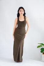 Astrid Halter Neck Bodycon Maxi Dress with Self Tied Scarf in Brown