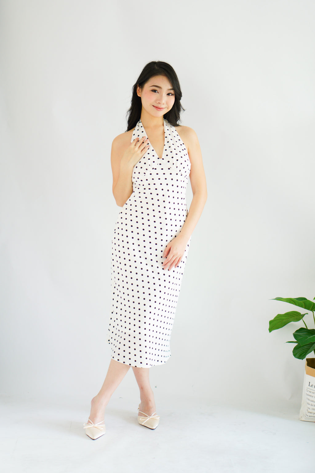 Gaelle Polkadot Self Tied Halter Neck Dress in White