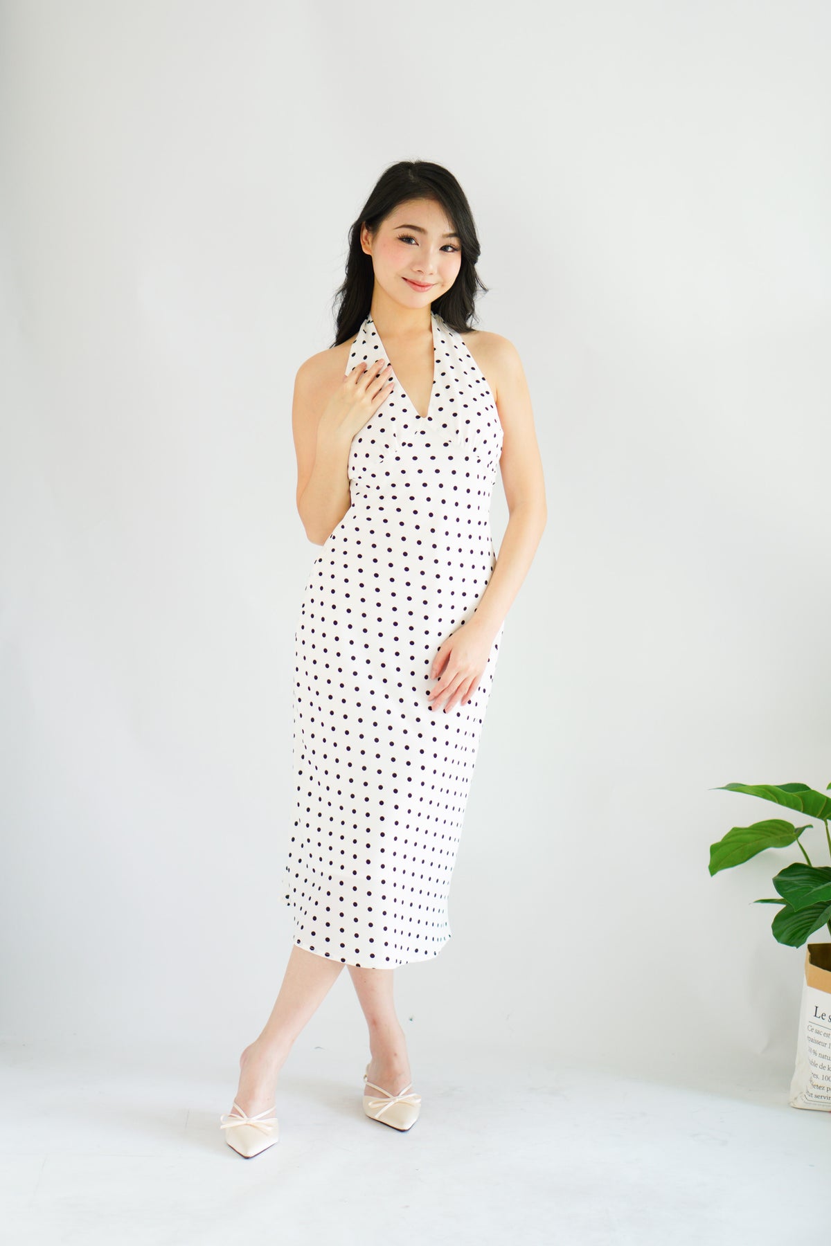 Gaelle Polkadot Self Tied Halter Neck Dress in White